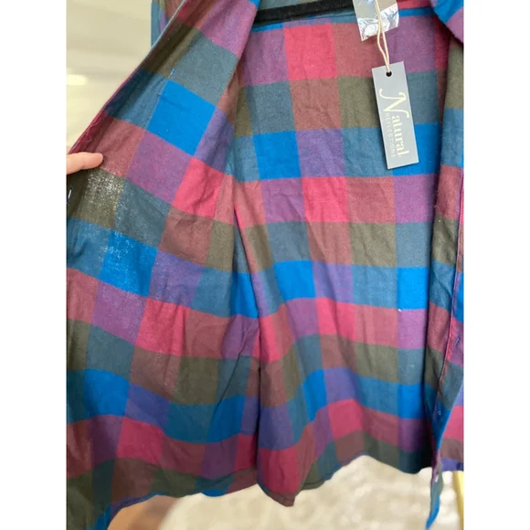 Natural Reflections Plaid Cotton Button-Up Shirt Burgundy Blue Olive Autumn Boho - Picture 5 of 8